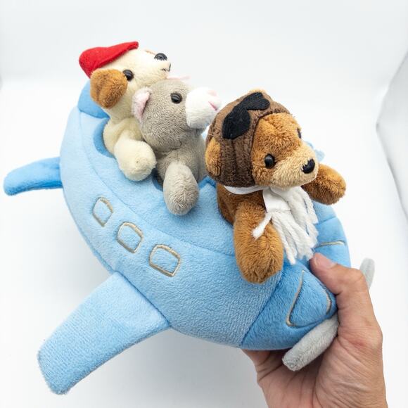 NEW Unipak Designs 10” Airplane Plush Holder With 3 Finger Animal Pilot Puppets - Picture 8 of 13